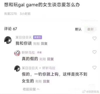 这张图是一则网络评论区的对话梗图，主题围绕“想和玩gal game的女生谈恋爱怎么办”。评论区中有网友假装主动搭讪，原作者反问真假，结果对方自揭“钓鱼”，幽默地表示这样找不到女生。文案中“钓鱼”、“上钩”形成有趣的双关。整体气氛轻松搞笑。

- “上钩”在这里既有网络套话含义，又暗含撩人调侃的二义性，形成双关幽默。