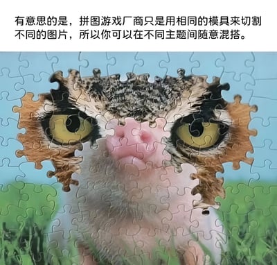 图片上方配有文字说明：'有意思的是，拼图游戏厂商只是用相同的模具来切割不同的图片，所以你可以在不同主题间随意混搭。' 下方主体为拼图图案，拼图的上半部分碎片拼接出猫头鹰的眼睛和额头，下半部分碎片则拼接出猫咪的面部，两者组合形成一张趣味十足的混合动物脸，展现了拼图模具通用性带来的创意混搭效果。