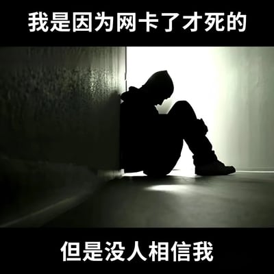 图片中央是一个蜷缩在墙角的人物剪影，背景有强烈的逆光光源，形成明暗对比强烈的视觉效果。图片顶部有白色文字'我是因为网卡了才死的'，底部有白色文字'但是没人相信我'。整体通过压抑的画面氛围与幽默的文字内容形成反差，表达了因网络延迟（网卡）导致失败却不被理解的无奈情绪，常见于游戏玩家对网络问题的吐槽场景。
