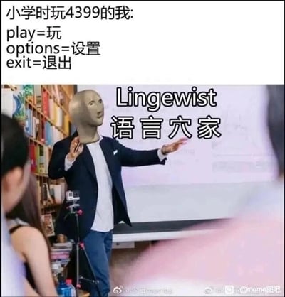 这是一张上下对比式的图文混排搞笑梗图，上方文字区域描述了童年玩4399小游戏的经历：“小学时玩4399的我: play=玩 options=设置 exit=退出”，精准戳中了不少人的童年回忆——早年4399的小游戏多为英文界面，孩子们为了操作只记住了这几个关键英文单词。下方是经过P图改编的画面，一个头部为抽象AI人形的人物站在类似讲台的位置，旁边配文“Lingewist 语言穴家”，这里使用了谐音梗，将“语言学家”谐音改成“语言穴家”，夸张地调侃当时只懂这几个英文单词的自己，仿佛是只掌握这几个词汇的“专属语言专家”，用幽默的方式引发网友的童年共鸣。