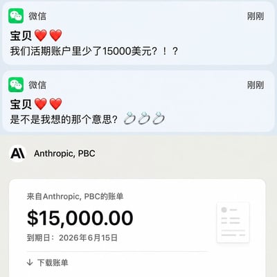 这是一张拼接类搞笑梗图，上方是两条微信消息通知，发送者称呼对方为宝贝，首先疑惑两人的活期账户少了15000美元，紧接着猜测是不是对方买了钻戒，还附带了三个钻戒的表情，下方拼接的是AI公司Anthropic PBC的15000美元账单通知，解释了钱的实际去向，和前面猜测买钻戒的内容形成强烈反差，笑点在于夸张呈现Anthropic旗下AI服务的费用高昂，甚至高到堪比钻戒的开销。