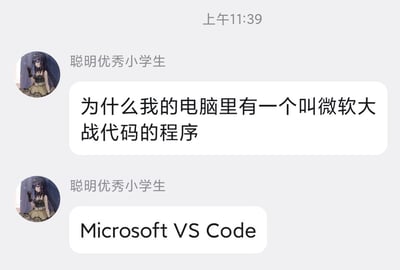 这是一张即时通讯软件的聊天记录截图，消息发送方昵称是“聪明优秀小学生”，使用二次元女性形象作为头像。该用户先发出疑问“为什么我的电脑里有一个叫微软大战代码的程序”，紧接着发出该程序的英文原名“Microsoft VS Code”，玩了谐音错译的梗：将缩写VS谐音为“大战”，Code直译为“代码”，把程序员常用的编辑器名称强行翻译成充满网游感的“微软大战代码”，制造出诙谐的搞笑效果。