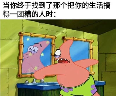 图片上方有文字'当你终于找到了那个把你的生活搞得一团糟的人时：'，下方是《海绵宝宝》中的角色派大星，他正愤怒地指着镜子中的自己，表情狰狞，眼睛瞪大，嘴巴张开露出牙齿，似乎在指责镜中的自己。这张图通过派大星对自己的反应，幽默地表达了人们有时会意识到是自己把生活搞糟的自嘲场景。