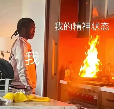 图中展示一名男子平静地站在厨房里，旁边的炉灶上燃起熊熊大火。男子身上标注'我'，而大火上方标注'我的精神状态'，通过强烈对比幽默地表现了外表平静内心却可能一团糟的状态。