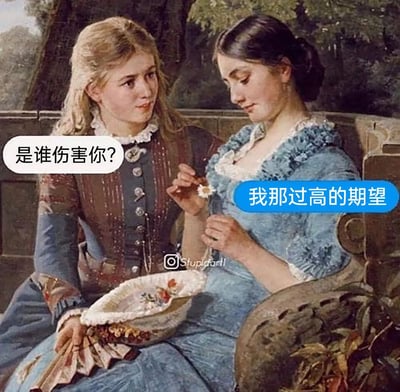 这是一张基于欧洲古典风俗油画进行二次创作的网络梗图，画面里左侧金发女子带着关切的神情向右侧蓝衣女子发问“是谁伤害你？”，右侧女子神情低落，正摆弄着手中的小雏菊，回答道“我那过高的期望”。通过古典油画的复古画面与当代人因过高期望而产生情绪内耗的扎心文案相结合，形成反差感，精准戳中当代人在自我要求、生活期许中受挫的情绪痛点，引发共鸣。