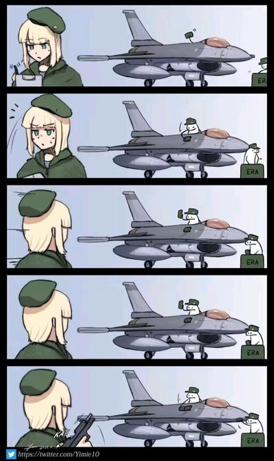 五格连环漫画描绘了金发女兵与战斗机及小白人士兵的搞笑互动：首格女兵持 clipboard严肃观察带天线的战斗机；次格女兵面露惊讶，发现战斗机上和地面各有一名戴绿帽的小白人；第三格女兵转身，小白人在机身上持无线电；第四格女兵持续注视，小白人仍在机上；末格女兵拔枪指向战斗机，小白人（机上和地面）惊慌反应。整体为轻松幽默的军事主题日常漫画。