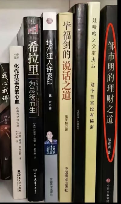 这是一张拍摄书架上竖向排列书籍书脊的静态图片，展示了多本公开出版的书籍，其中最右侧的《邹市明的理财之道》被红色椭圆特别圈出，利用人名“邹市明”和中文“走市民”的谐音形成趣味双关，暗含“走市民的理财之道”的调侃意味，属于网络趣味梗内容。