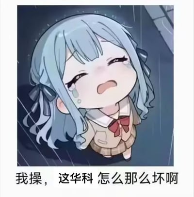 这是一张网友制作的表情包，使用了《世界计划 彩色舞台 feat. 初音未来》中的角色日野森雫的Q版形象：她闭着双眼，在雨中仰头大哭，脸上挂着明显的泪珠，表情委屈又崩溃。图片下方配有文字「我操，这华科怎么那么坏啊」，用动漫角色的崩溃状态来表达对华中科技大学的吐槽，风格搞笑又带着学生的委屈情绪，没有双关或谐音梗。