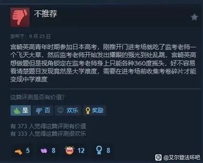 这是一张Steam平台的游戏评测截图，以“不推荐”为评测开头，用玩梗的方式将《只狼：影逝二度》的硬核游戏机制嫁接到“宫崎英高参加日本高考”的虚构场景中：刚进入考场就被监考老师一个“大飞天”击倒，监考老师还发出耀眼强光到处移动，宫崎英高想躲避却被视角锁定在监考老师身上只能360度探头，好不容易看清题目发现是大学难度，需要收集考卷碎片才能降级为中学难度。内容通过将高考监考老师类比为游戏中的强力敌人、考试难度设置类比为游戏机制，玩了魂系游戏的硬核梗，充满搞笑的反差感，该评测获得3333人标记“欢乐”。