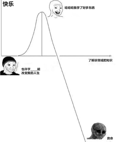 这是一张幽默地展示学习曲线与快乐关系的梗图。图中包含一个先上升后急剧下降的曲线图，X轴为"了解该领域的知识"，Y轴为"快乐"。左下角有一个戴着帽子的老人形象，配文"也许学____能改变我的人生"，表达了刚开始学习时的期望。曲线图顶端有一个开怀大笑的人物，配文"哈哈哈我学了好多东西"，代表学习初期掌握新知识的快乐。右下角则是一个骷髅形象，配文"救命"，幽默地表现了随着知识深入而产生的困惑和压力。