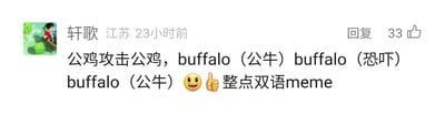 这是一张国内社交媒体平台的用户评论截图，评论用户为“轩歌”，地址显示为江苏，发布于23小时前，该评论获得33个点赞。评论内容是用户创作的双语双关梗：先用中文的“公鸡攻击公鸡”动宾重复句式引出，再利用英文单词“buffalo”的多义性——既可以作名词表示“公牛”，也可以作动词表示“恐吓”，组成对应中文句式的“buffalo（公牛）buffalo（恐吓）buffalo（公牛）”结构，最后搭配笑脸和点赞表情，呼吁创作更多双语meme，通过中英文语言特点的结合制造趣味效果。