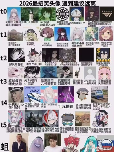 这是一张网络亚文化圈层流传的玩梗头像评级图，整体为竖版排版，将不同类型的热门网络头像按照t0到t5、再到“姐”的优先级分层排列，每款头像下方都配有极具攻击性、调侃性质的玩梗式评价，内容覆盖二次元动漫角色头像、电竞相关头像、网络迷因头像、真人梗图头像等多个类别，是网络圈层针对不同头像使用者的刻板印象吐槽创作。