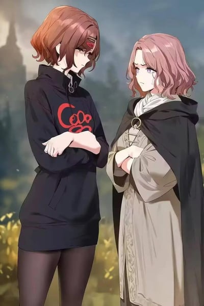 图中是AI生成的跨作品同人场景，左侧是《Fate/Grand Order》的咕哒子，身着现代黑色卫衣，双臂抱胸，表情严肃略带不满；右侧是《艾尔登法环》的梅琳娜，穿着原作风格服饰，眼角含泪，委屈地双臂抱胸，两人对峙着，背景是朦胧的类似交界地的场景，呈现出闹别扭赌气的氛围。图中没有双关、谐音梗等内容。