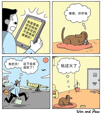 这是一则四格搞笑漫画：第一格中，一名男子满脸惊恐地看着手机，手机屏幕上显示着一条恐吓消息：“我是警察，给你狗狗更多吃的，不然我就逮捕你！”；第二格揭示了消息的来源，原来是家里的狗狗趴在垫子上拿着手机，正得意地想着“嘿嘿，吓吓他”，这只是狗狗的恶作剧；第三格中，男子信以为真，误以为自己触犯了法律，慌张地跑到机场，拿着前往墨西哥的机票，一边跑一边惊恐地想着“我的天！这下变成逃犯了！”，准备逃亡国外；第四格中，狗狗看着空无一人、一片狼藉的家，意识到自己的玩笑闹大了，懊悔地想着“玩过火了”。整个故事通过宠物与主人之间的乌龙恶作剧，用荒诞的情节制造出搞笑的效果。