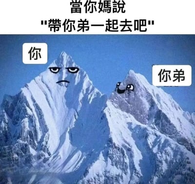 这是一张搞笑家庭主题表情包，创作者以真实雪山风景照片为底图进行P图创作：给左侧体量较大的雪山绘制出生无可恋、满脸不情愿的拟人化表情，并标注为“你”；给右侧体量较小的雪山绘制出兴奋期待、开心雀跃的拟人化表情，标注为“你弟”。顶部配有文字“當你媽說‘帶你弟一起去吧’”，精准还原了多子女家庭中，哥哥或姐姐被家长要求带着弟弟一同出门时，自己满心抗拒、弟弟却满怀期待的真实日常，通过表情的强烈反差制造出搞笑幽默的效果，能引发有相似经历的网友共鸣。