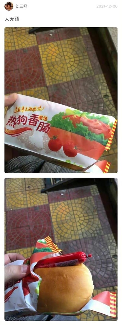 这是一张疑似微信朋友圈的社交平台截图，发布者刘三好于2021年12月6日发布，配文“大无语”。图片为上下对比的多图拼接：上方是一款“热狗香肠面包”的外包装，包装上印有搭配生菜、肉片的成品热狗面包样式，还有“来自异乡的风味！”的宣传语；下方是拆开包装后的实物，仅有一个普通面包和一根完整未拆封的火腿肠，与包装呈现的成品样式严重不符，形成强烈反差，以此吐槽消费时遇到的货不对板的无语情况。