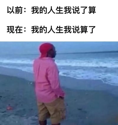 这张梗图通过上下文字对比和海滩人物形象，幽默地展现了人生态度的转变。上方文字写着'以前：我的人生我说了算'，表达年轻时的自信与掌控感；下方文字改为'现在：我的人生我说算了'，仅改动最后一个字，意思却变为无奈与妥协。图片下方是一位身穿粉色上衣和红色帽子的男子独自站在海滩上眺望大海的背影，神情显得有些落寞和沉思，与文字内容形成呼应，生动诠释了从意气风发到向现实低头的心理变化。