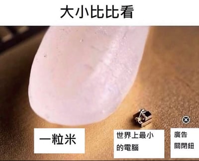 图片上方有标题“大小比比看”，主体为特写镜头下的大小对比场景：左侧是一粒放大的白色米粒，右侧紧邻一个微型电子设备，分别标注“一粒米”和“世界上最小的電腦”，右下角有“廣告 關閉鈕”标识。通过实物对比直观展示微型电脑的极小尺寸。