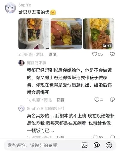 这是一张社交媒体平台的评论区截图，用户Sophie首先发布动态，配文“给男朋友带的饭😋”并附上三张不同的便当实拍图，动态获得55个点赞。随后ID为“阿徐吃不胖”的用户在评论区留言，自行臆测Sophie婚后既要上班又要承担做饭、带娃、做家务等多重负担，认为她现在的付出婚后会后悔。紧接着Sophie直接回复该评论，说明自己本就不需要上班，未结婚时就已经由男朋友供养，日常在家休息，仅仅是偶尔给男朋友做一顿饭而已，直接反转了对方的无端焦虑输出，形成搞笑效果，该回复获得10个点赞。
