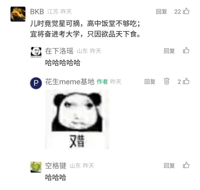 这是一张社交媒体评论区的截图，来自账号“花生meme基地”的评论区。用户BKB（江苏）创作了一首接地气的搞笑打油诗：“儿时竟觉星可摘，高中饭堂不够吃；宜将奋进考大学，只因欲品天下食。”将年少时的豪情壮志与高中饭堂的现实窘境结合，把考大学的宏大目标转化为“吃遍天下美食”的朴素愿望，反差感拉满，充满共鸣感。随后用户“在下洛瑶”（山东）回复“哈哈哈哈哈”表示好笑，账号作者“花生meme基地”回复了一张熊猫头“又错”表情包，用户“空格键”（山东）也回复“哈哈哈”呼应，整体是充满趣味的评论互动，用生活化的内容制造笑点。