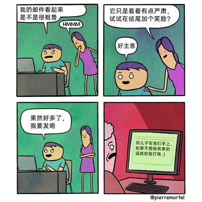 这是一则四格连环卡通漫画，通过错位的建议制造荒诞的黑色幽默：第一格中，蓝衣服男子坐在电脑前，面露担忧地向身旁的紫衣服女子询问，自己的邮件看起来是不是很粗鲁；第二格女子给出建议，让他在邮件结尾加个笑脸来缓和语气，男子对此表示认可；第三格男子修改邮件后觉得效果变好，准备发送；第四格揭示了邮件的真实内容是一封绑架勒索信——“你儿子在我们手上，如果不想他有事的话就给我打钱 :)”，收到邮件的老人满脸震惊。漫画将职场中缓和邮件语气的建议，错误套用在极端严肃的勒索场景中，形成强烈反差，让原本凶狠的勒索信变得滑稽可笑，讽刺了不分场景套用社交技巧的行为。