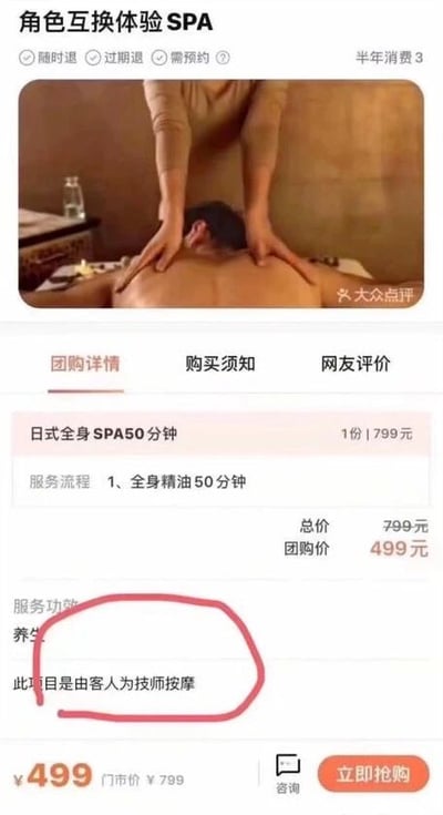 这是一张模仿大众点评风格的搞笑SPA服务虚假 listings。标题为“角色互换体验SPA”，主图展示了传统按摩场景（一人俯卧接受背部按摩），但服务详情中用红色线圈出关键信息：“此项目是由客人为技师按摩”，形成强烈反差萌。页面包含团购信息（原价799元，团购价499元）、服务流程（全身精油50分钟）和“养生”功效，通过颠覆常规SPA的服务逻辑（本该技师为客人按摩，变成客人为技师服务）制造幽默效果。