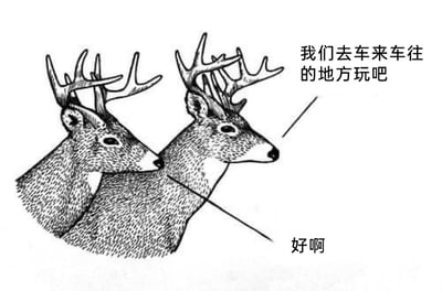 这是一张黑白风格的图文混排梗图，画面主体是两只写实风格的鹿的头部插画，左侧的鹿被标注发起提议：“我们去车来车往的地方玩吧”，右侧的鹿被标注回应：“好啊”。这张图运用了中文谐音双关的冷笑话梗，“鹿”与“路”发音相同，车来车往的地方指的是马路，而鹿进入车流量大的马路极易被车辆撞击受伤甚至死亡，看似天真的对话背后暗含“赴死”的黑色幽默，通过这种反差感制造出搞笑效果。