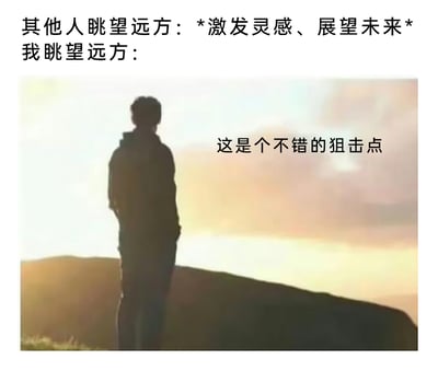 这是一张通过思维反差制造笑点的趣味梗图，整体采用上下对比的图文混排形式。上方文字先构建大众认知里眺望远方的常规意义：激发灵感、展望未来，以此铺垫常规心态；随后引出“我”的视角，下方配图是一个站在黄昏远山高处的人物剪影，背景是暖色调的天空与山峦，右侧配文“这是个不错的狙击点”，完全跳出文艺的常规思路，转而以军事爱好者的视角审视这个高处场景，形成强烈的思维反差，调侃了部分人拥有的与众不同的关注点，带来轻松搞笑的效果。