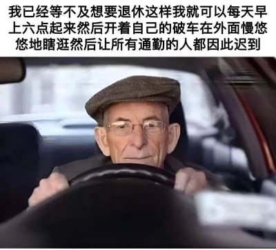 图片上方配有文字：'我已经等不及想要退休这样我就可以每天早上六点起来然后开着自己的破车在外面慢悠悠地瞎逛然后让所有通勤的人都因此迟到'，下方是一位戴着贝雷帽和眼镜的老年男性正握着方向盘开车的照片，整体通过幽默的方式表达了对退休生活的调侃以及对通勤族的戏谑，展现了一种反差萌的搞笑效果。
