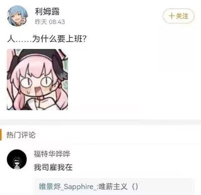 社交媒体用户'利姆露'发布的一条引发打工人共鸣的吐槽帖，正文为'人……为什么要上班？'，配图是一个粉色头发、表情夸张（瞪大双眼、嘴巴微张）的动漫女孩，生动展现了对上班的困惑与无奈。下方热门评论'我司雇我在'（幽默回应雇佣关系）和'唯薪主义'（点出工作的现实动因）进一步丰富了内容的层次感，整体传递出职场人的普遍心声。