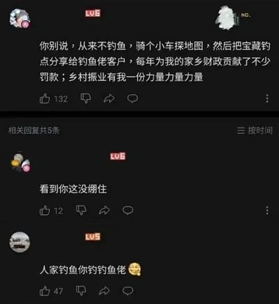 这是一张深色模式下的B站评论区截图，共有三条相关互动评论。第一条评论的发布者戏称自己从不钓鱼，仅骑车探查钓点后将禁钓的“宝藏钓点”分享给喜欢钓鱼的客户，导致这些钓友前往钓鱼时被处罚，调侃自己为家乡财政创收、为“乡村振业”出了力；下方两条回复分别表示看到该评论忍不住笑，以及戏称发布者是“钓钓鱼佬”，还搭配了偷笑表情，整体是充满玩梗趣味的网友互动内容。