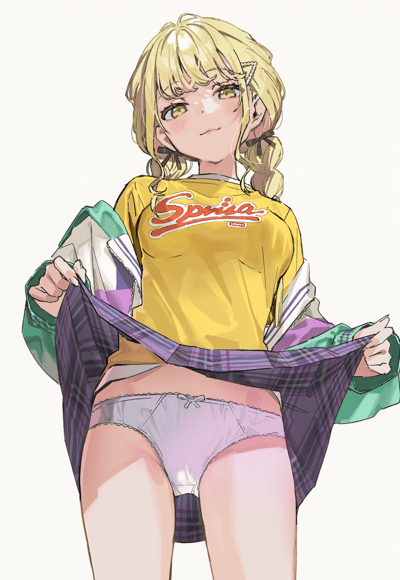 插画中是一位金发双马尾的动漫少女，她穿着黄色的Sprina卫衣，外面套着绿色外套。少女正双手抓住外套下摆向外掀开，露出了里面的紫色内裤，脸上带着自信又略带俏皮的微笑。整体画风偏向日系动漫风格，色彩鲜明，人物表情生动。