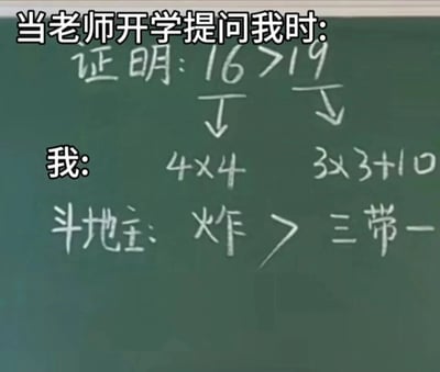 这是一张搞笑梗图，模拟了开学时学生被老师提问的场景。图片主体是一块绿色黑板，上面用白色粉笔写着数学题和学生的回答。顶部文字写着"当老师开学提问我时:"，黑板上有"证明: 16 > 19"的题目，下方则是学生的回答:"4×4"、"3×3+10"，最后得出"斗地主: 炸 > 三带一"的结论。

图片通过幽默的方式表现了学生暑假后把知识忘光，却对游戏规则记忆犹新的状态，形成了有趣的反差萌。