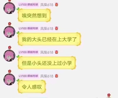 这张图展示了一个QQ群中的聊天趣味对话，对话以“我的大头已经在上大学了，但是小头还没上过小学”为梗，进行自嘲和暗示，结尾配文“令人感叹”恰到好处地营造出无厘头气质。这种表达方式通常是一种玩笑和网络自黑，背景模仿二次元形象和游戏等级风格。该图结合了生理双关语，是当下网络常见的梗。