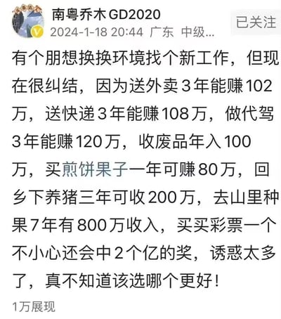 这是今日头条博主“南粤乔木GD2020”发布的一条搞笑动态，内容是调侃朋友想换工作，却被一堆严重脱离实际的“高薪”小生意选项困住：送外卖3年赚102万、快递3年108万、代驾3年120万、收废品年入100万、卖煎饼果子年入80万、养猪3年200万、种果树7年800万、买彩票还能中2亿，用夸张的收入数字讽刺网上流传的“低门槛高收入”虚假信息，充满戏谑感。
没有双关、谐音梗或暗示内容。