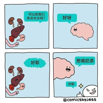 这是一则四格原创卡通连环漫画，采用拟人化的创作方式：第一格中肾脏、肝脏、心脏、胃、肠道等身体器官集体向大脑发出请求，希望能补充水分；第二格大脑爽快地答应了请求；第三格身体器官们开心地欢呼起来；第四格大脑却突然表示自己想喝奶茶，代表嘴馋的意识也兴奋地附和欢呼。漫画用贴近日常的场景，调侃了人们明明身体需要单纯的水分，却会因为嘴馋选择喝奶茶的真实行为，充满趣味与共鸣。