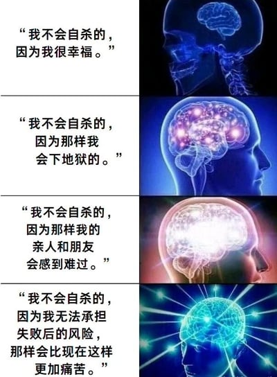 这是一张四格图文混排的图片，左侧为文字内容，右侧为对应的大脑可视化图像。每张图片都以“我不会自杀的，”开头，接不同的理由：第一格理由是“因为我很幸福”，配蓝色大脑图像；第二格理由是“因为那样我会下地狱的”，配紫色发光大脑图像；第三格理由是“因为那样我的亲人和朋友会感到难过”，配白色高亮大脑图像；第四格理由是“因为我无法承担失败后的风险，那样会比现在这样更加痛苦”，配蓝色带光芒的大脑图像。整体通过不同的大脑视觉效果配合文字，表达对生命选择的思考。