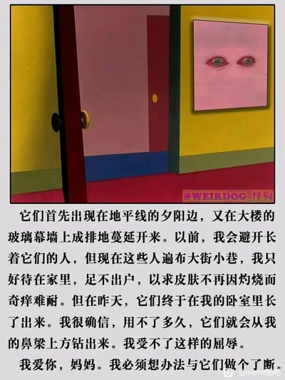 这是一张图文结合的猎奇恐怖作品，画面呈现出色彩饱和度偏高的室内卧室场景：黄色的墙壁右侧有一块粉色区域，上面突兀地长着一双人类眼睛；房间的门半开着，露出内部的空间，红绿色调搭配营造出怪异的氛围。下方的第一人称文字叙述了一个充满绝望的诡异事件：一种类似眼睛的未知存在先是出现在地平线的夕阳旁，接着在大楼玻璃幕墙上蔓延，随后遍布人群，叙述者为了躲避皮肤被灼烧的奇痒而足不出户，最终这种眼睛还是入侵了自己的卧室，叙述者预感到自己也将被这种存在占据，在屈辱中表达了对母亲的爱意和要做个了断的决心，整体构建出克苏鲁式的未知恐怖感，传递出无处可逃的绝望情绪。
