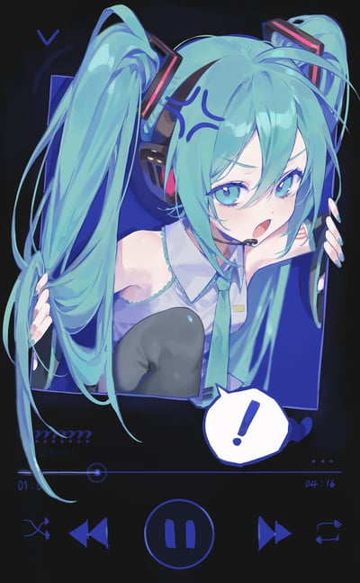 这是一幅原创二次元插画，将虚拟歌手初音未来与音乐播放器界面结合，打造出打破次元壁的趣味场景：初音未来有着标志性的青蓝色双马尾，脸上带着惊讶慌张的表情，一只手抓着播放器边框，另一只手揪着自己的马尾，额头上还有代表慌乱的符号，右下角的白色气泡里的蓝色感叹号，进一步强化了惊讶的情绪。画面下方是完整的音乐播放器UI元素，包括播放进度条、播放/暂停、切换歌曲、循环与随机播放按钮，还有一串问号和时间显示，整体采用冷色调，画风精致细腻，充满灵动的氛围感。