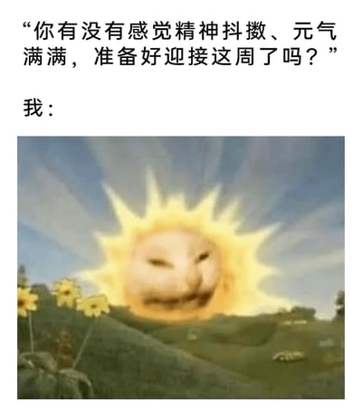 这是一张用于调侃新一周精神状态的二次创作表情包。上方配有他人充满活力的提问：“你有没有感觉精神抖擞、元气满满，准备好迎接这周了吗？”，下方则用经过修改的《天线宝宝》太阳宝宝形象作为回应——原本充满活力的太阳宝宝被改成了半眯着眼、嘴角下垂的疲惫神态，搭配背景里的草地和向日葵，精准地还原了很多人在面对新一周的工作或学习时，毫无力气、提不起精神、不想面对的真实心态，极易引发职场人和学生群体的共鸣。