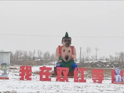 图片中是在户外雪地上，一个体型巨大的雕塑：身体为传统中国神像造型，头部却被换成了网络表情包doge（柴犬）的头。这种极度违和的拼贴效果，带来强烈的荒诞与搞笑感。雕像前面用大字竖排写着“我在汉红美术馆”，左右还陈列着风格夸张的Q版卡通人物模型，画面整体特别魔性、猎奇。该类场景非常具有网络二次创作色彩，同时代表着国内乡村创意美术和网络文化的结合。

本图最大特色就是把doge表情和神像身体组合在一起，有很强网络双关恶搞的含义，属于“沙雕”文化的典型表现。