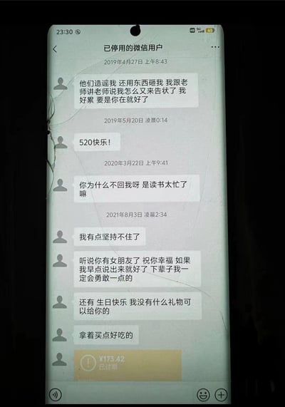 这是一段时间跨度从2019年到2021年的微信聊天记录截图，对话来自一位已停用的微信用户：
1. 2019年4月27日，用户倾诉自己遭遇校园暴力（被造谣、被砸东西），向老师求助却不被理解，表达了对对方的想念；
2. 2019年5月20日，发送“520快乐！”；
3. 2020年3月22日，询问对方为何不回消息，猜测是读书忙碌；
4. 2021年8月3日，用户吐露自己快要坚持不住，听说对方有女朋友后送上祝福，遗憾自己没能早点勇敢表达心意，同时送上生日祝福并转账173.42元（转账已过期）。
整个聊天记录满是孤独、隐忍的爱意与错过的遗憾，极易引发观者的情感共鸣。