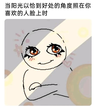这是一张图文结合的趣味表情包，上方配文“当阳光以恰到好处的角度照在你喜欢的人脸上时”，图中是一个简笔画风格的卡通小人，被一道斜向的阳光分割开，阳光照到的半边脸被加上了精致的像素风大眼、红晕，带着害羞又花痴的微笑，周围还有星星、爱心的装饰元素，生动表现出看到喜欢的人在阳光下的样子时，自己内心心动、小鹿乱撞的花痴状态，用夸张的画面把暗恋时的细腻心情具象化呈现。