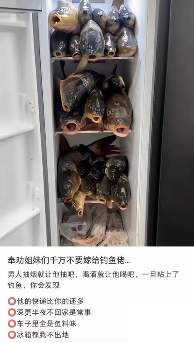 这张图是图文结合的搞笑内容，上半部分是实拍的打开的立式冰箱内部，三层隔板上全部密集摆放着张着嘴的鱼头，冰箱最底层还放有处理好的袋装渔获，整个冰箱空间完全被鱼占满，没有放置其他食物的余地；下半部分是配文，以调侃的语气奉劝女性不要嫁给痴迷钓鱼的男性，列举了钓鱼爱好者的几个典型特点：购买钓鱼相关装备的快递多、经常深夜外出钓鱼晚归、车内残留鱼饵料的味道、家里冰箱被钓回来的鱼塞满没有空余位置，内容充满反差幽默感。
