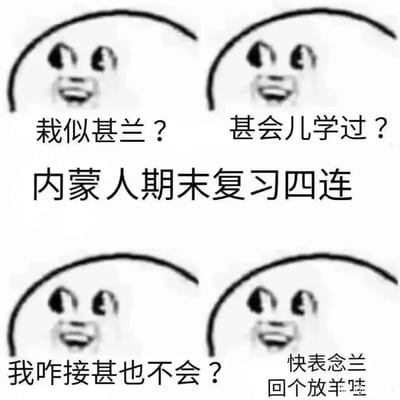 这是一张多图拼接的图文混排黑白卡通表情包，属于“XX四连”的模板改编作品。图中用四个相同的迷茫焦虑的卡通圆脸表情，搭配极具内蒙地域特色的方言文字，递进式展现了学生在期末复习时的崩溃心态：从最初的疑惑“栽似甚兰？（这是什么？）”“甚会儿学过？（什么时候学的？）”，到焦虑的自我怀疑“我咋接甚也不会？（我怎么什么都不会？）”，最后摆烂式的呐喊“快表念兰 回个放羊哇（别念了，回去放羊吧）”，精准戳中期末复习阶段学生的普遍焦虑，用方言的亲切感放大了搞笑效果，十分接地气。