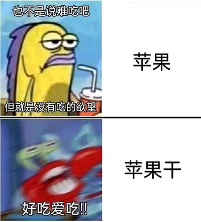 这是一张上下分栏的对比类表情包，上半部分展示《海绵宝宝》中的黄色路人鱼，它一脸嫌弃、提不起兴趣，配文“也不是说难吃吧 但就是没有吃的欲望”，对应右侧的“苹果”，表现出对新鲜苹果毫无进食欲望的状态；下半部分是《海绵宝宝》里的蟹老板，它表情夸张扭曲、激动兴奋，配文“好吃爱吃!!”，对应右侧的“苹果干”，呈现出对苹果干极度喜爱的反应。整张图通过两种截然不同的情绪状态反差，生动调侃了很多人更偏爱果干类加工零食，而非新鲜水果的饮食喜好。