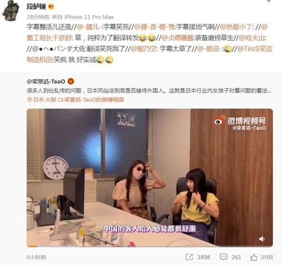 这是一张微博平台的社交媒体截图，内容分为上下两部分：上半部分是用户@段鲈鱼鳗的转发内容，该用户使用iPhone 11 Pro Max发布，转发链中多位网友针对视频的翻译和字幕进行调侃，比如“字幕整活儿还是”“字幕接地气啊”“纯粹为了翻译转发”等，充满趣味互动；下半部分是@梁景滔-TaoO发布的原创微博及附带视频截图，微博原文提到“很多人到处乱传的问题，日本风俗店到底是否接待外国人。这就是日本行业内女孩子对着问题的看法...”，地点标注为日本大阪。视频画面呈现办公室场景，有两位日本女性从业者，一位戴口罩和墨镜的女性抬手放在额头附近，另一位穿黄色上衣的女性双手放在胸前，画面下方的字幕显示“中国的客人给人感觉都很舒服”，背景可见时钟、电脑、办公桌椅等物品。