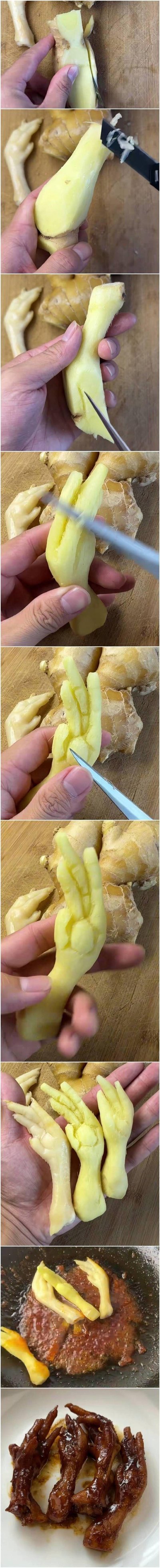 这是一组实拍连环步骤图，完整展示了将普通生姜制作成以假乱真的“卤鸡爪”的创意料理过程：
1. 先对生姜进行切片去皮处理
2. 用刀具精细雕刻，将生姜塑造成鸡爪的外形，做出趾甲、纹路等细节
3. 制作完成三个“生姜鸡爪”后，将其放入卤料中烹制
4. 最终得到外观逼真的“卤鸡爪”成品
内容为纯创意美食展示，无谐音双关或暗示。