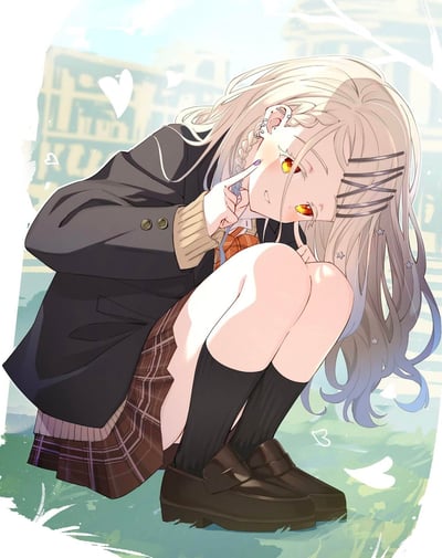 这是一张AI生成的二次元插画，画面主体是一位银发JK风格的少女，她蹲在户外的草地上，背景是模糊的城市建筑。少女拥有亮眼的橙黄色眼眸，头发一侧编着细麻花辫，侧边夹着多枚一字夹，耳朵上佩戴了多个金属耳饰，造型精致俏皮。她身着深色西装款JK外套，内搭针织袖口的衣物、格纹领结与格纹百褶裙，搭配黑色中筒袜和棕色乐福鞋。少女双手抬起，用两根手指分别戳着自己的脸颊，做出软萌的姿势，画面周围点缀着白色的爱心图案，整体氛围元气又可爱，充满了二次元的治愈感。