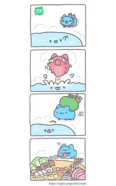 这是一幅四格治愈系卡通漫画，主角是猫猫虫咖波：第一格，蓝色的猫猫虫咖波开心地从带着愉悦表情的拟人化海面上空跳过；第二格，一只红色的猫猫虫猛地从海面跃出，溅起水花，海面露出惊讶的表情；第三格，蓝咖波背着一个绿色的大包裹快速跑开，海面露出震惊的神情；第四格，蓝咖波坐在满是丰盛美食的地上，满脸满足地大快朵颐，画面充满温馨治愈的氛围。